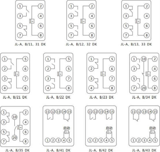 JL-A、B/41 DK無輔源電流繼電器內(nèi)部接線及外引端子圖（正視圖）